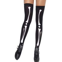 Skeleton Print Thigh High Stockings, Black