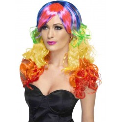 Ladies 80s Rainbow Curly Fancy Dress Wig