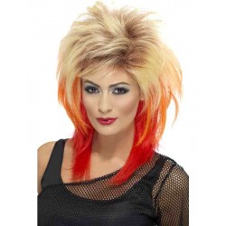 Ladies 80s Blonde Mullet Fancy Dress Wig With Red Streaks