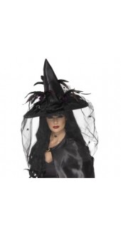 Witch Hat, Feathers and Netting, Black