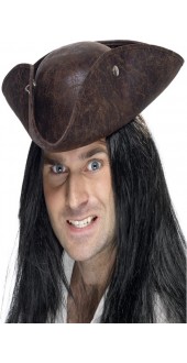 Brown Broken Leather Look Pirate Tricon Hat