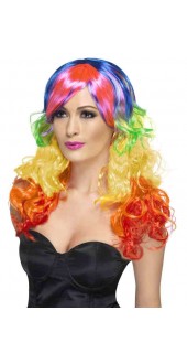 Ladies 80s Rainbow Curly Fancy Dress Wig