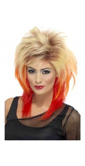Ladies 80s Blonde Mullet Fancy Dress Wig With Red Streaks